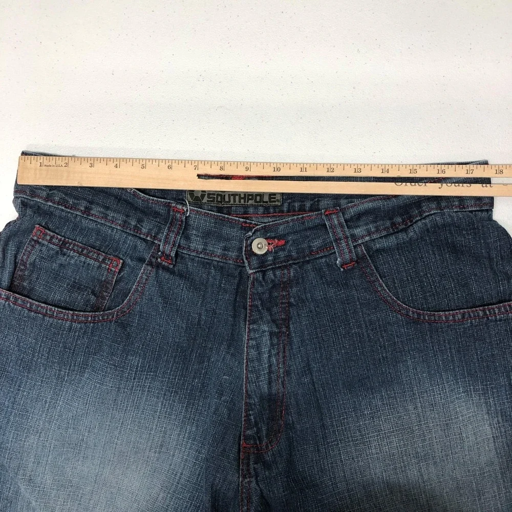 Southpole Jeans Mens 38x32 Blue Straight Leg Denim Red Stitch Casual Hip Hop Y2K